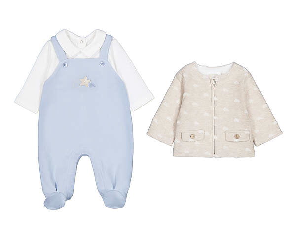 COMPLETO 2 PZ IN CALDO COTONE CON STELLINA E CUORICINI  BEIGE E CIELO