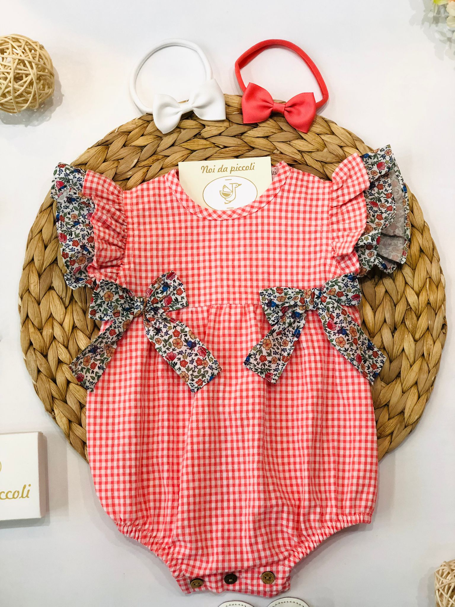 CORAL CHECK ROMPER AND FLOWER BOW