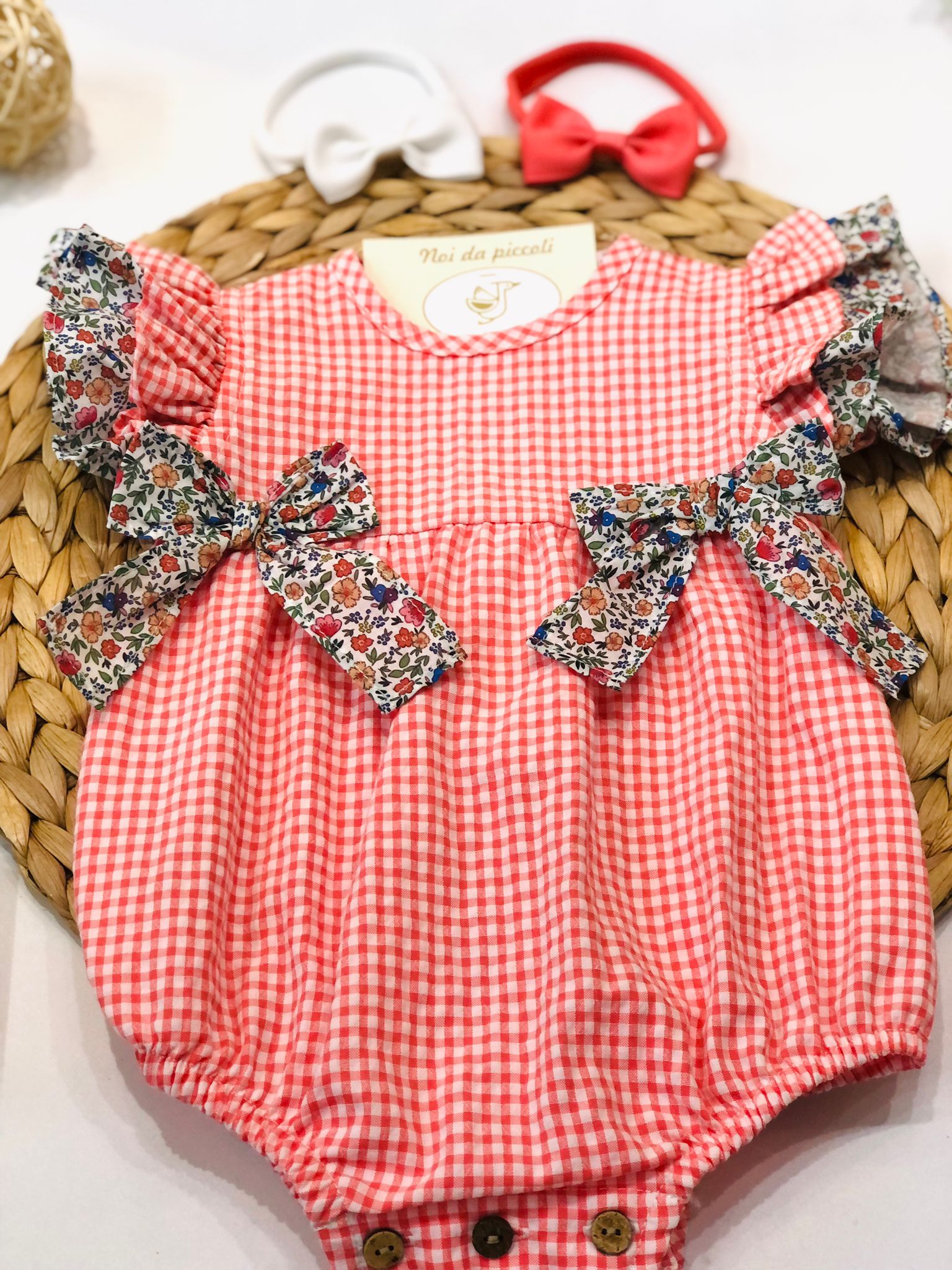 CORAL CHECK ROMPER AND FLOWER BOW