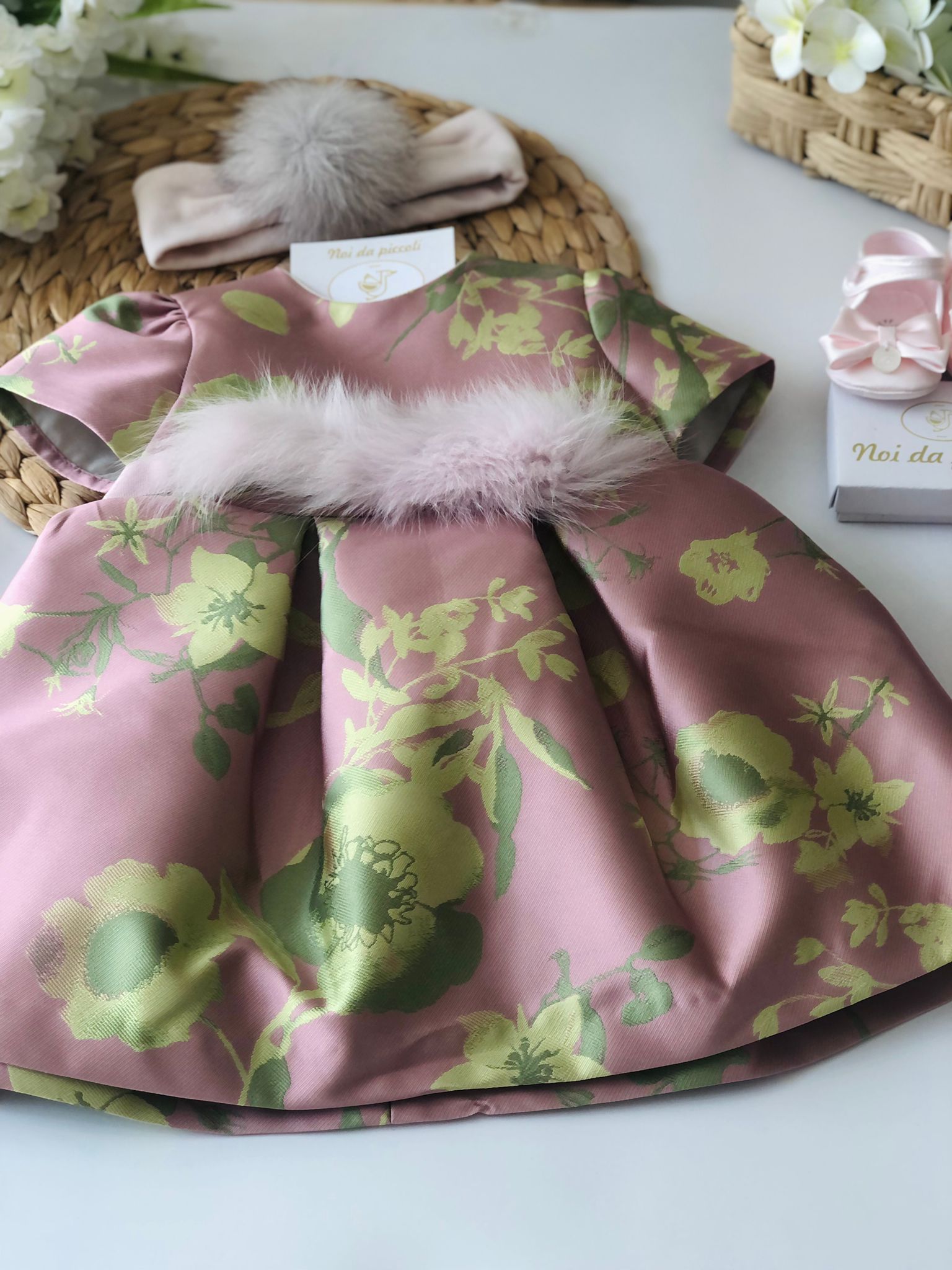 PINK AND GREEN DRESS WITH PINK PON POM BAND