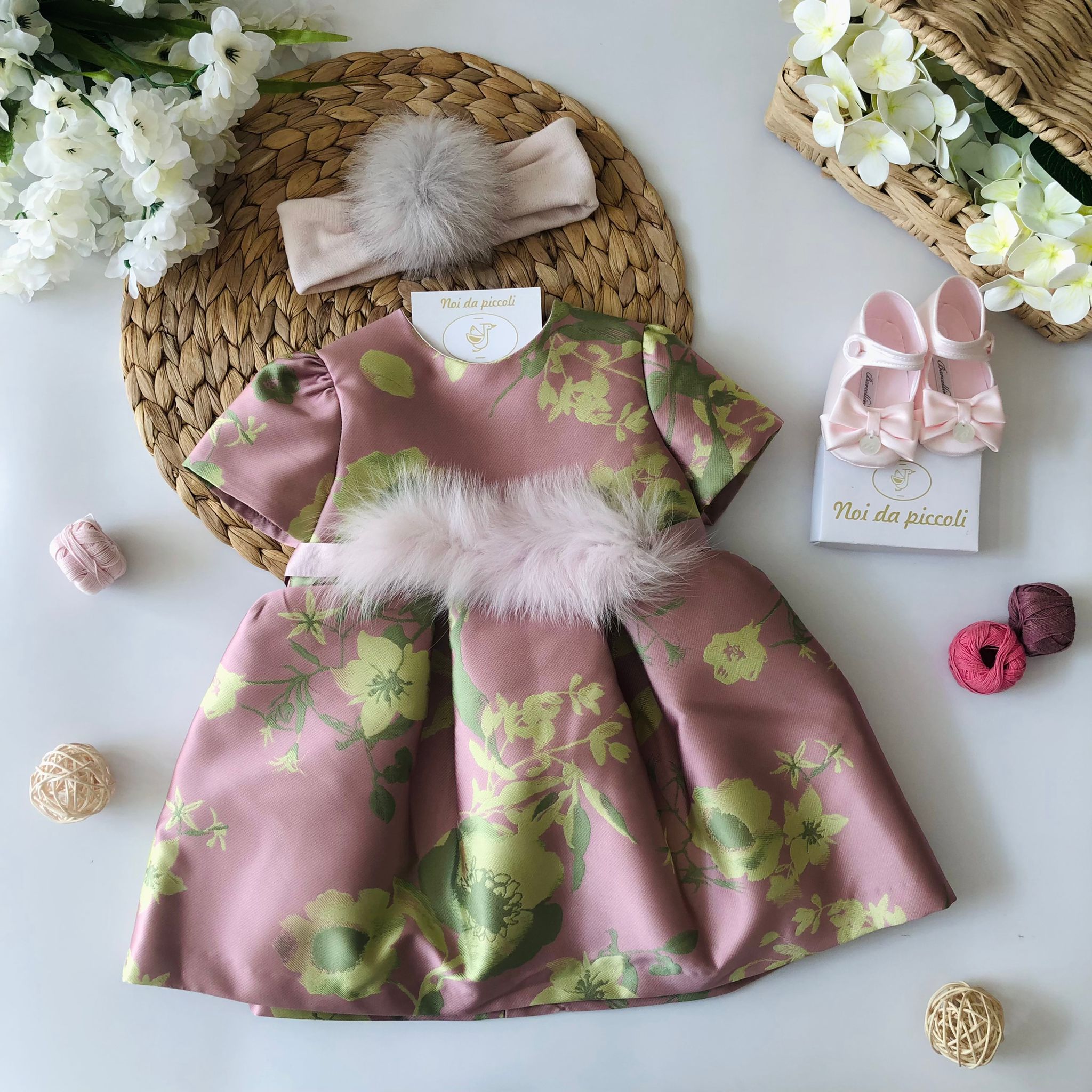 PINK AND GREEN DRESS WITH PINK PON POM BAND