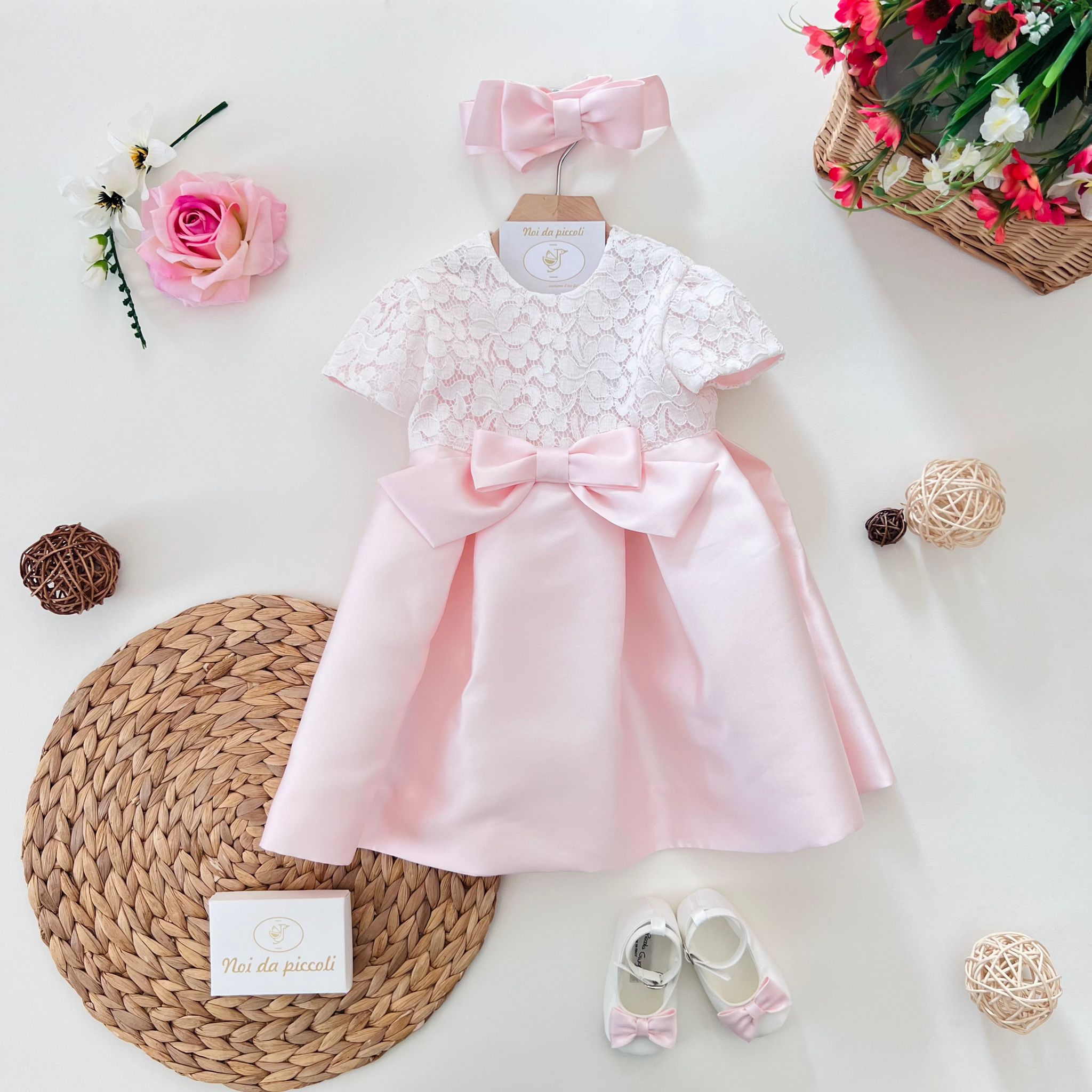 PINK EMBROIDERED DRESS WITH HEADBAND AND SHOES