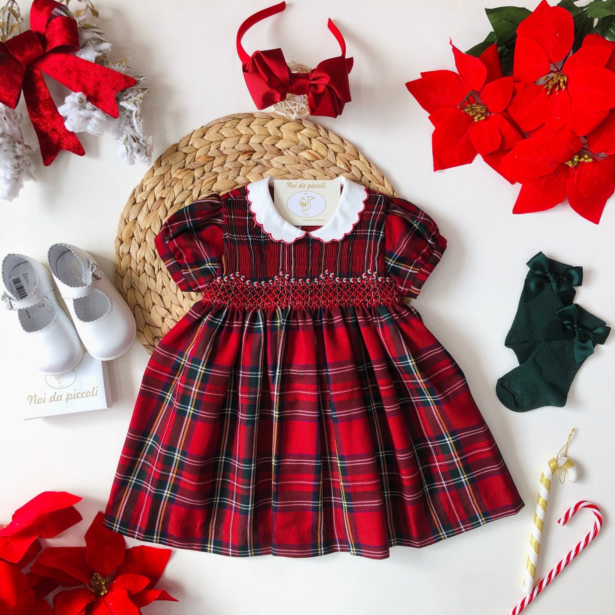 TARTAN DRESS WITH SMOCK STITCH AND ROSES