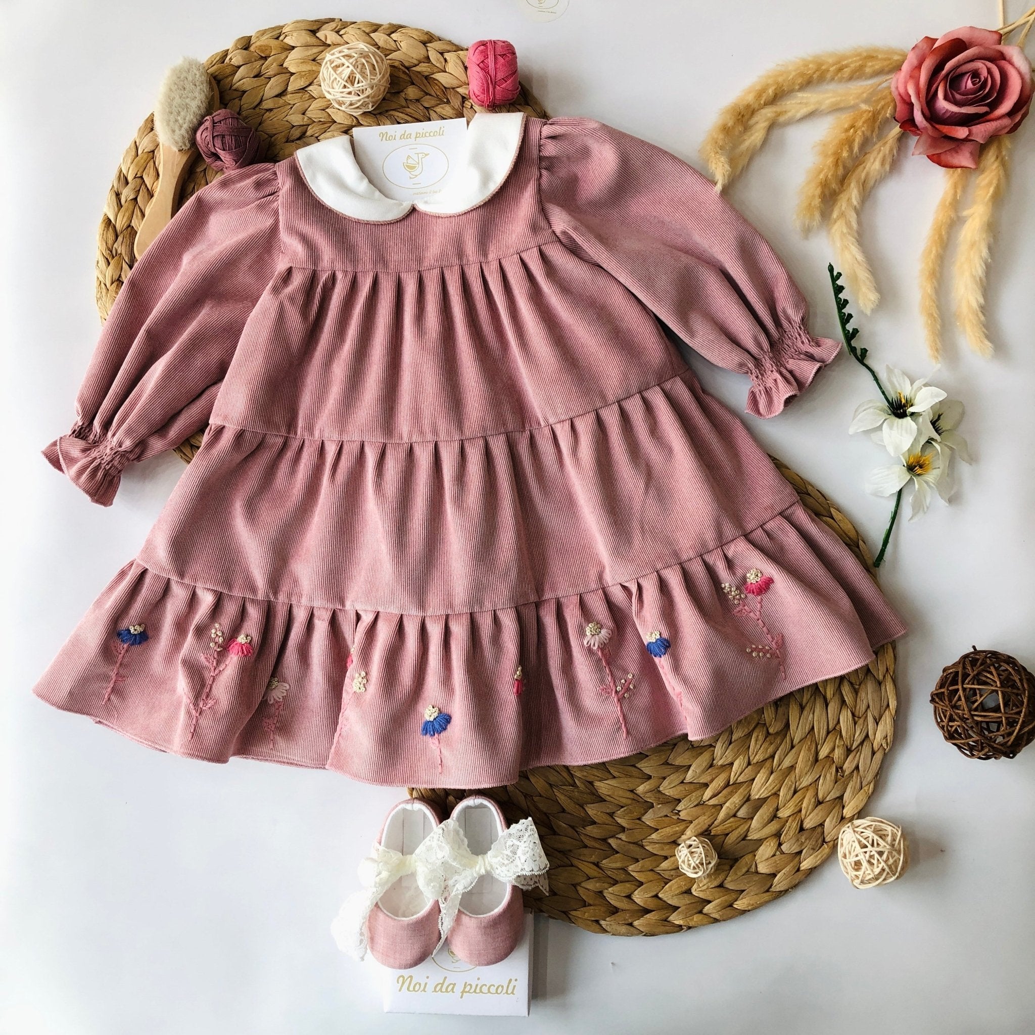 OLD PINK VELVET DRESS WITH EMBROIDERED FLOWERS