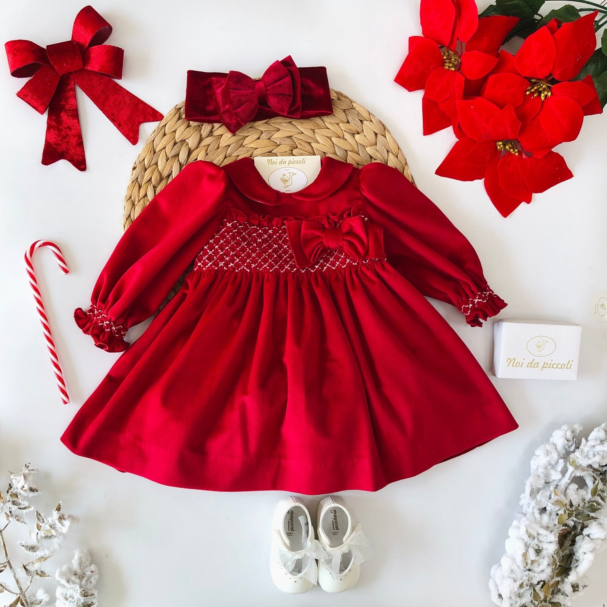 RED VELVET DRESS WITH BOW AND SMOCK STITCH GIRL