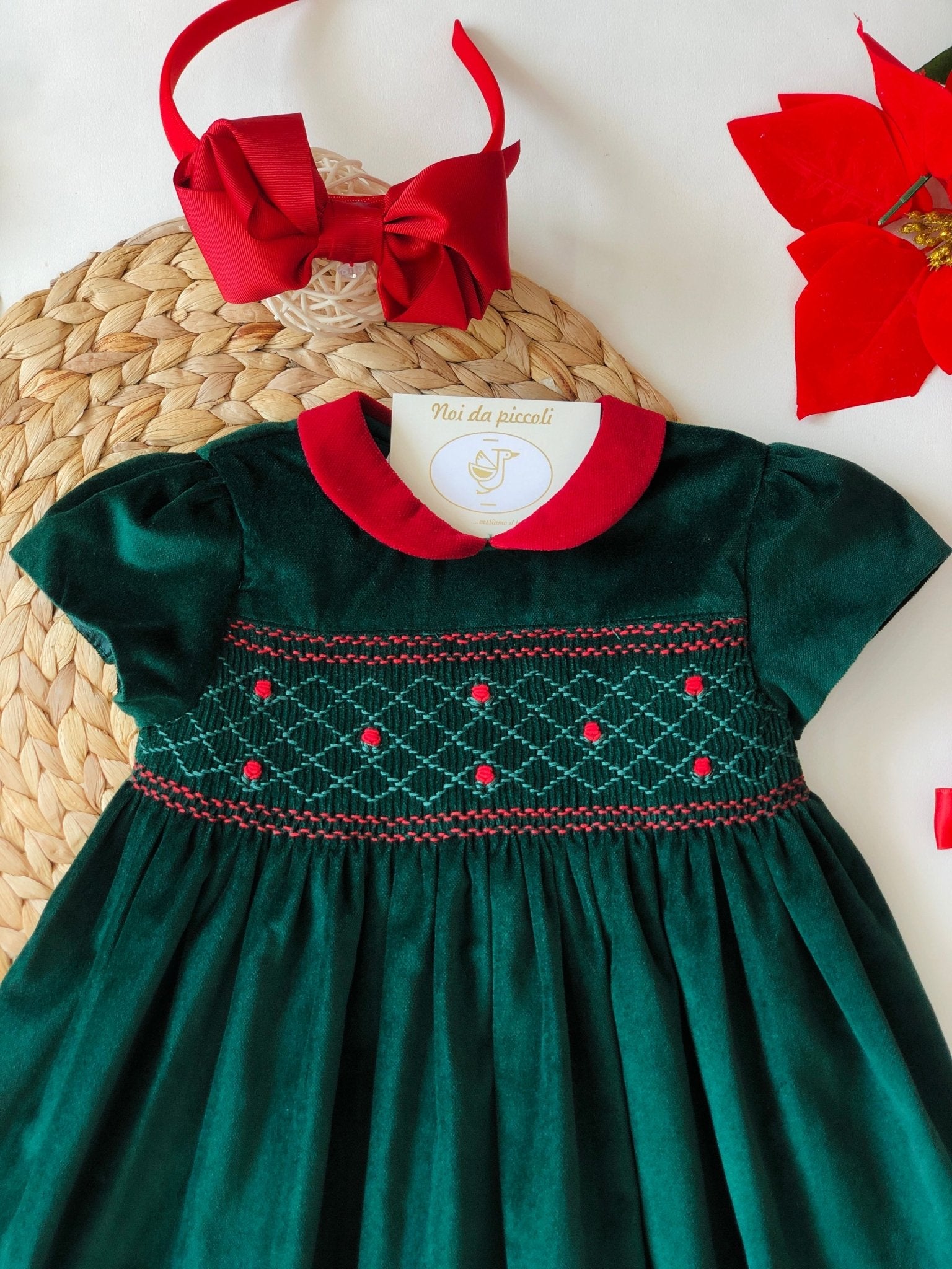 GREEN VELVET DRESS WITH SMOCK STITCH AND ROSES