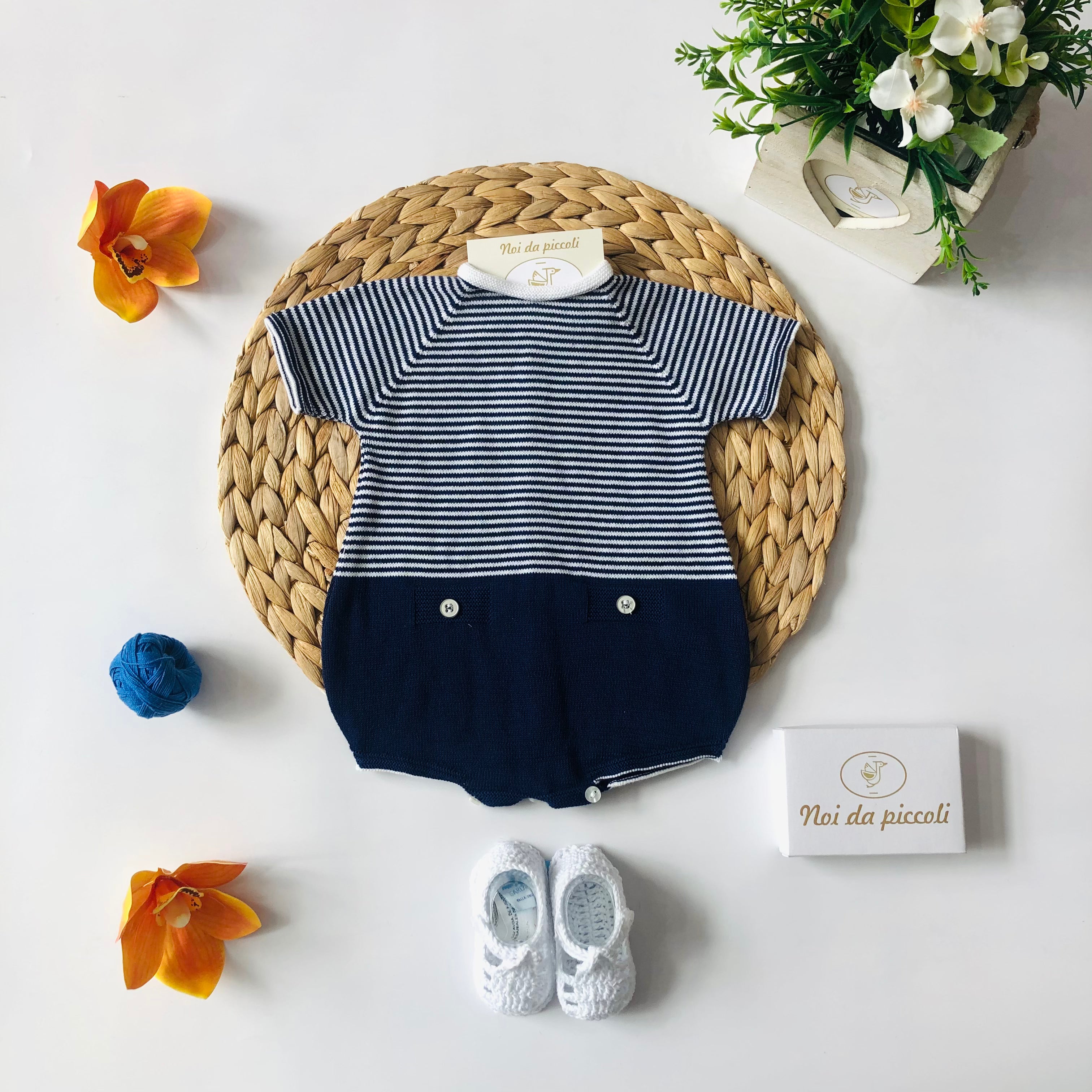 BLUE AND WHITE ROMPER WITH COTTON THREAD STRIPES