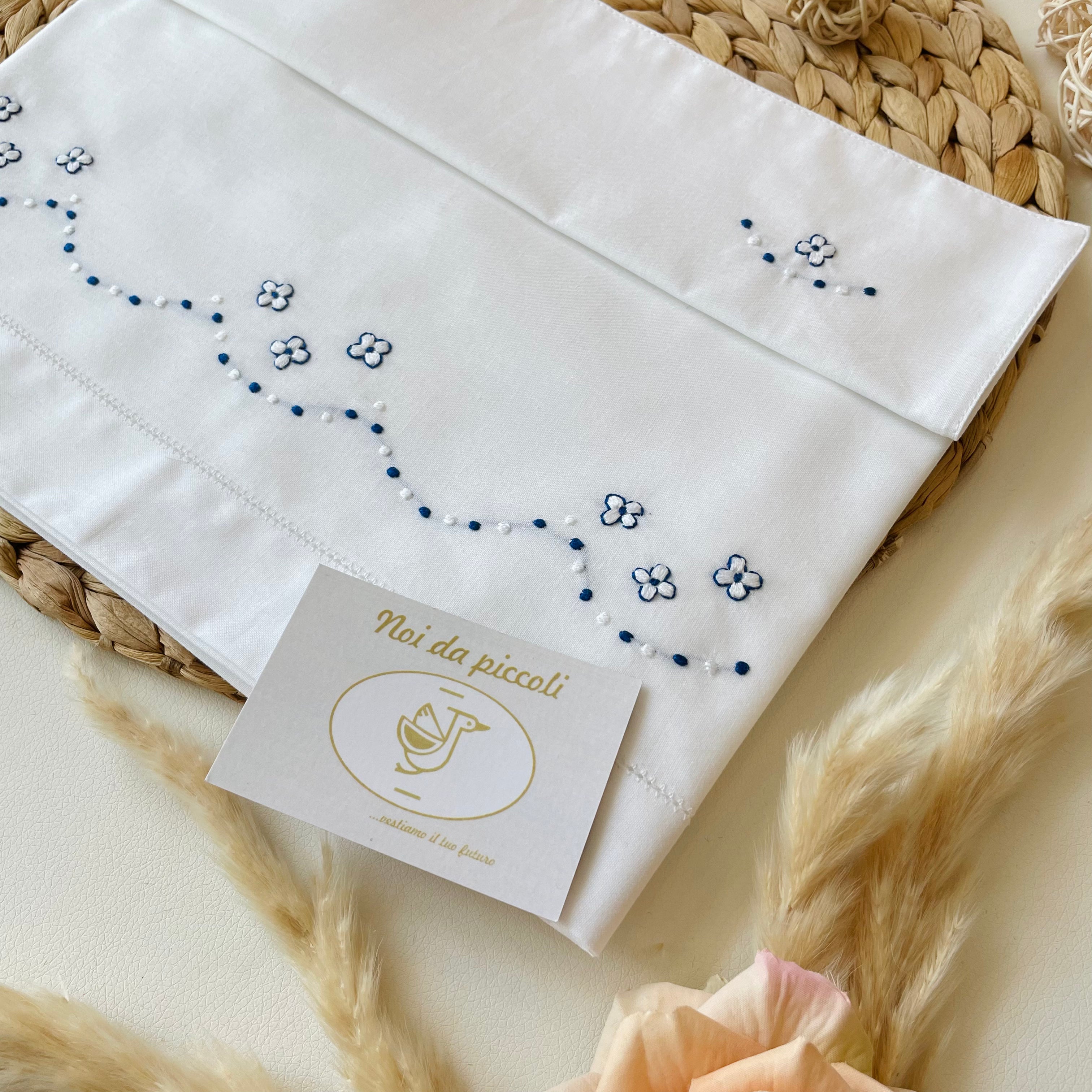 HAND EMBROIDERED SHEET SET WITH FLOWERS WITH NAVI BORDER