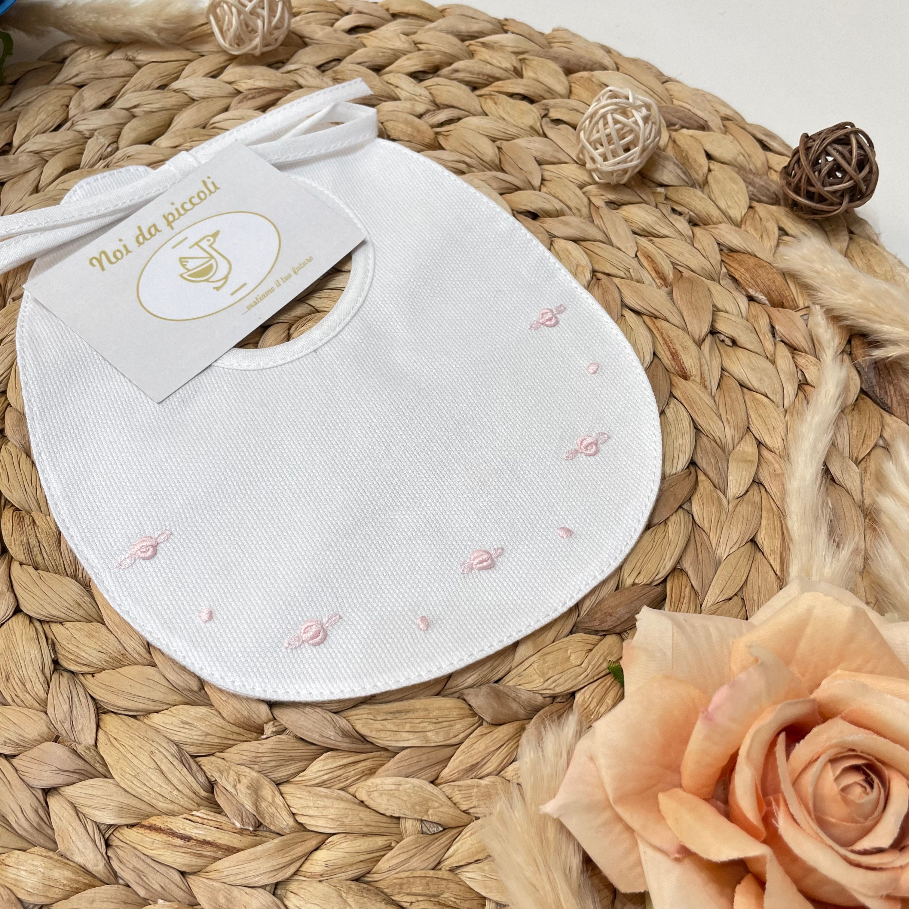 WHITE HAND EMBROIDERED BIB WITH PINK ROSELLINES