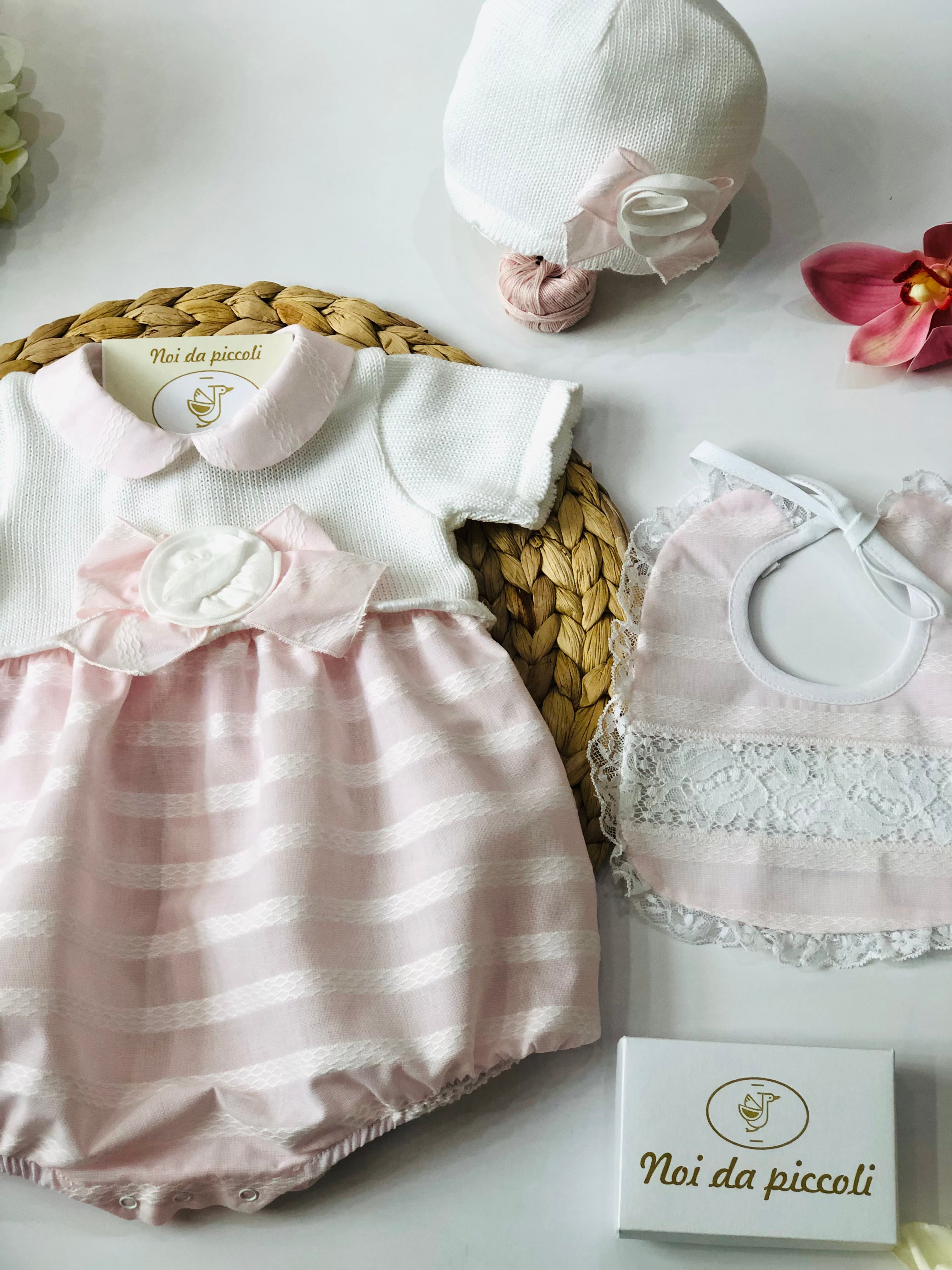 PINK THREAD AND FABRIC ROMPER WITH SLIPPERS