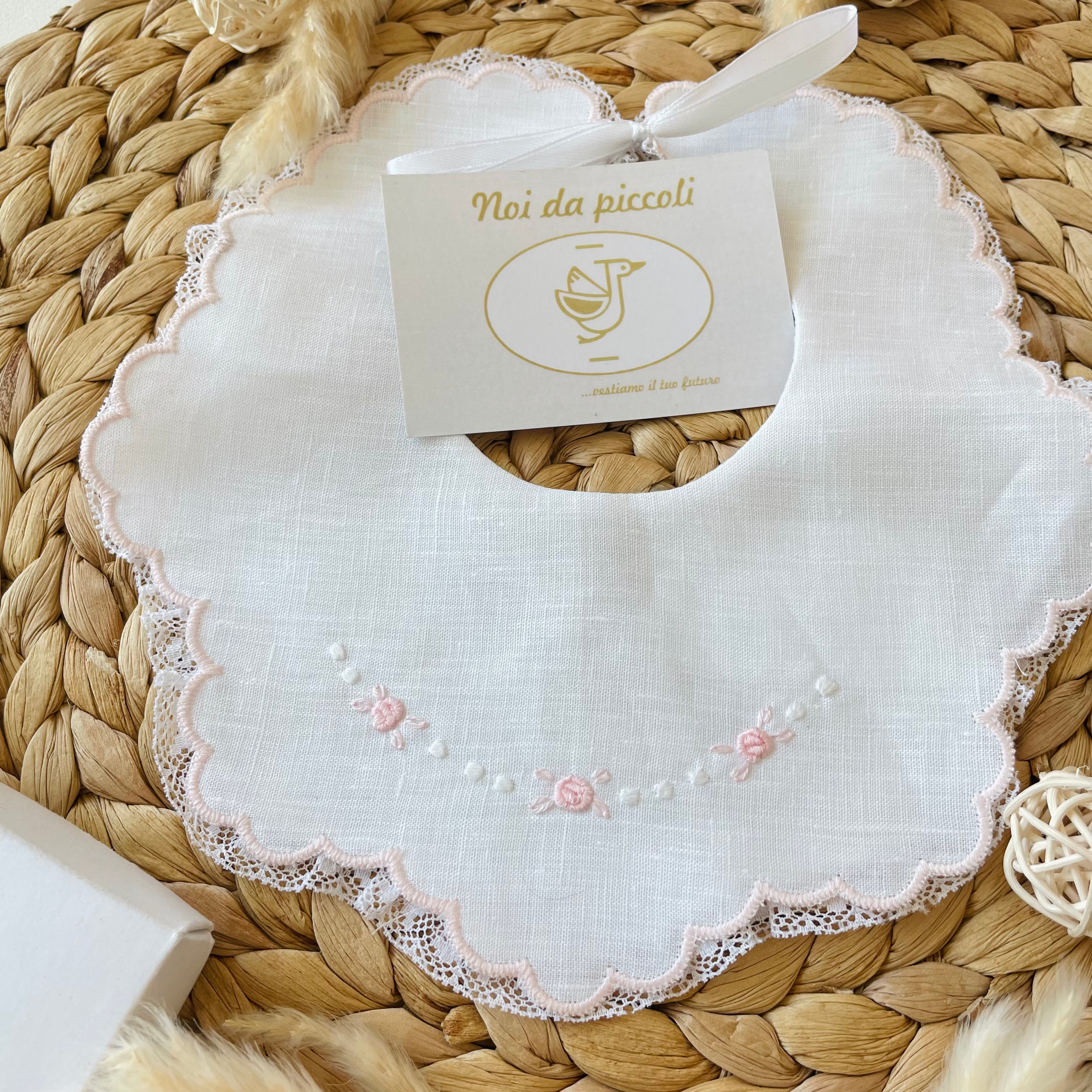 HAND EMBROIDERED WHITE LINEN BIB WITH PINK EMBROIDERY