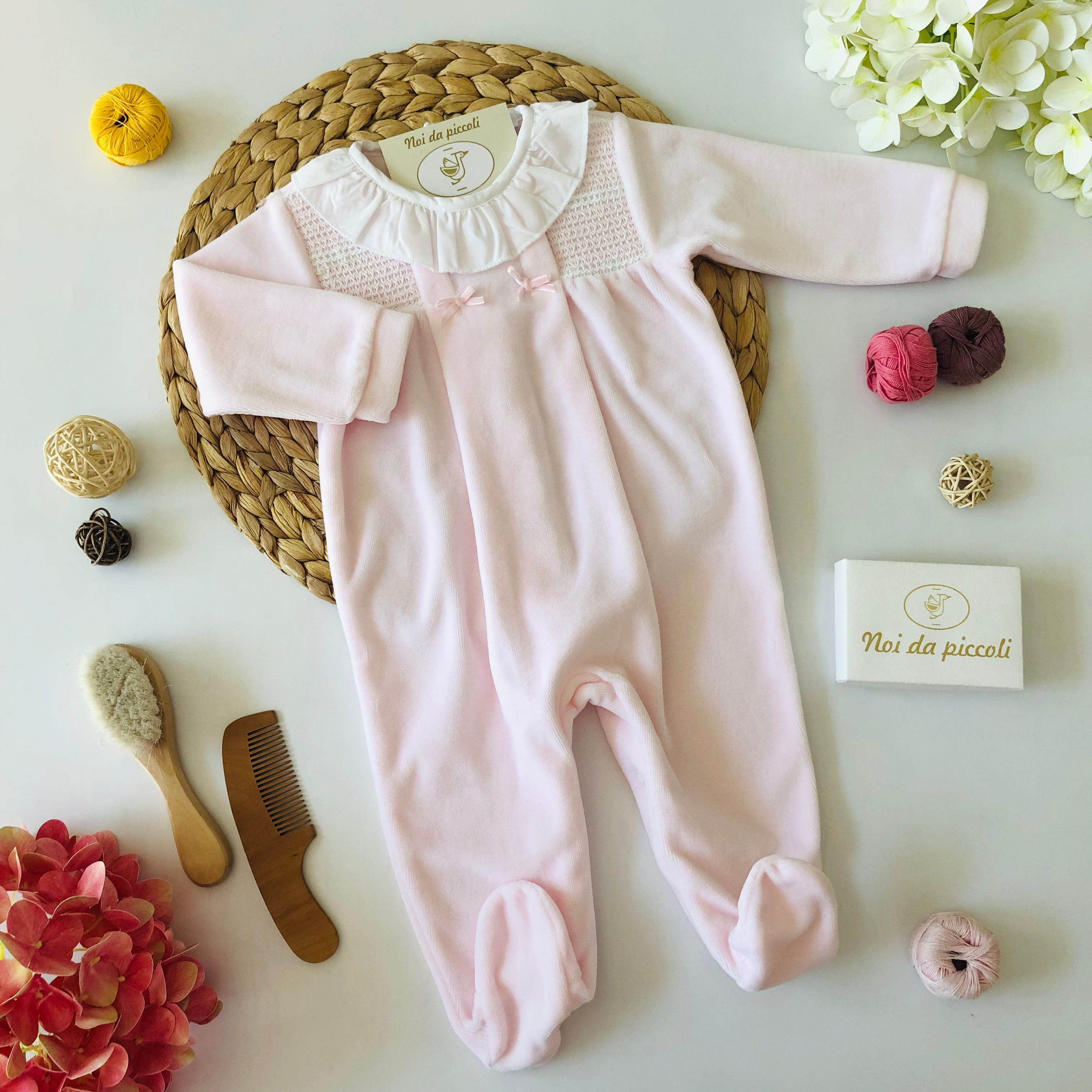 PINK CHENILLE ROMPER WITH WHITE COLLAR