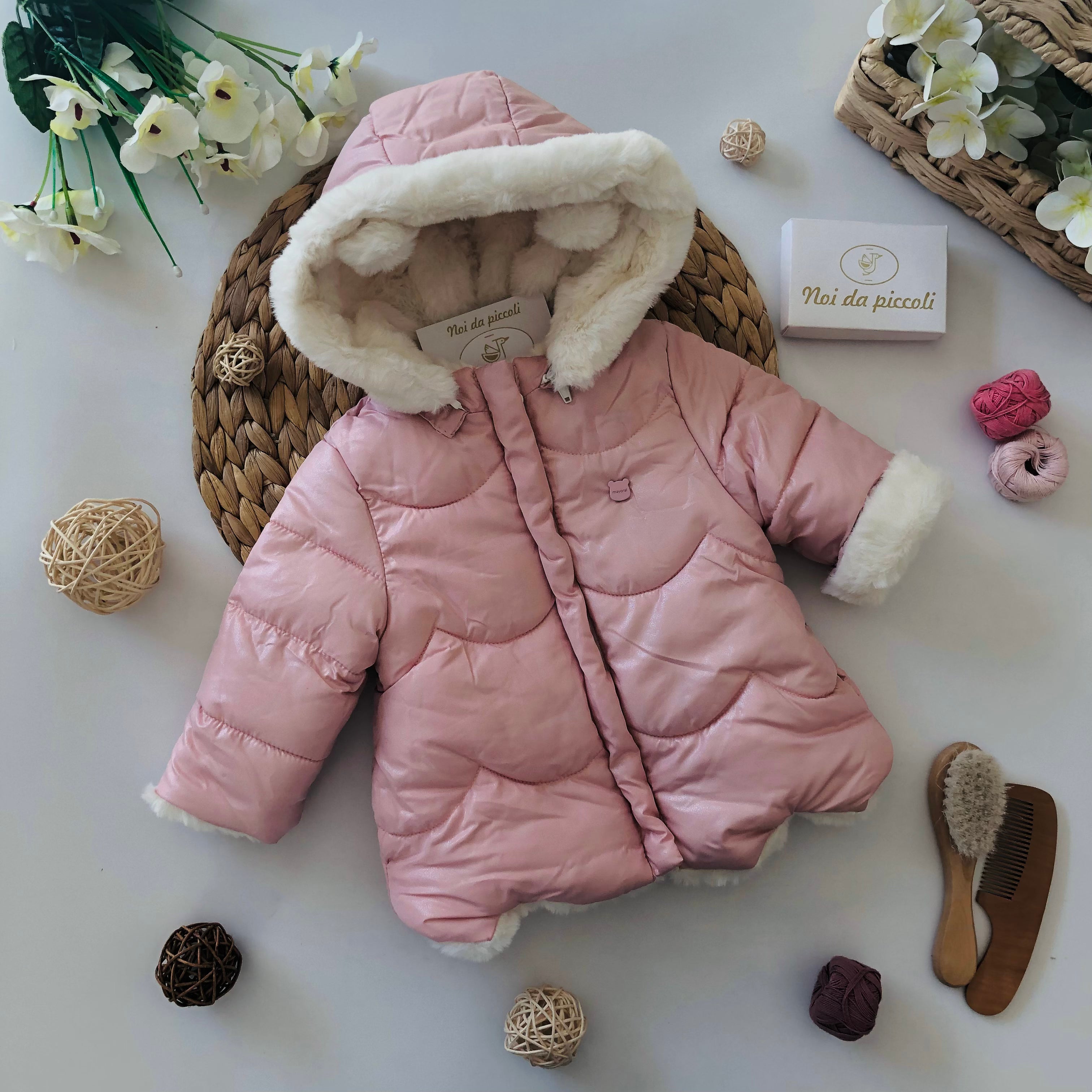 BABY PINK QUILTED COAT WITH FUR HOOD