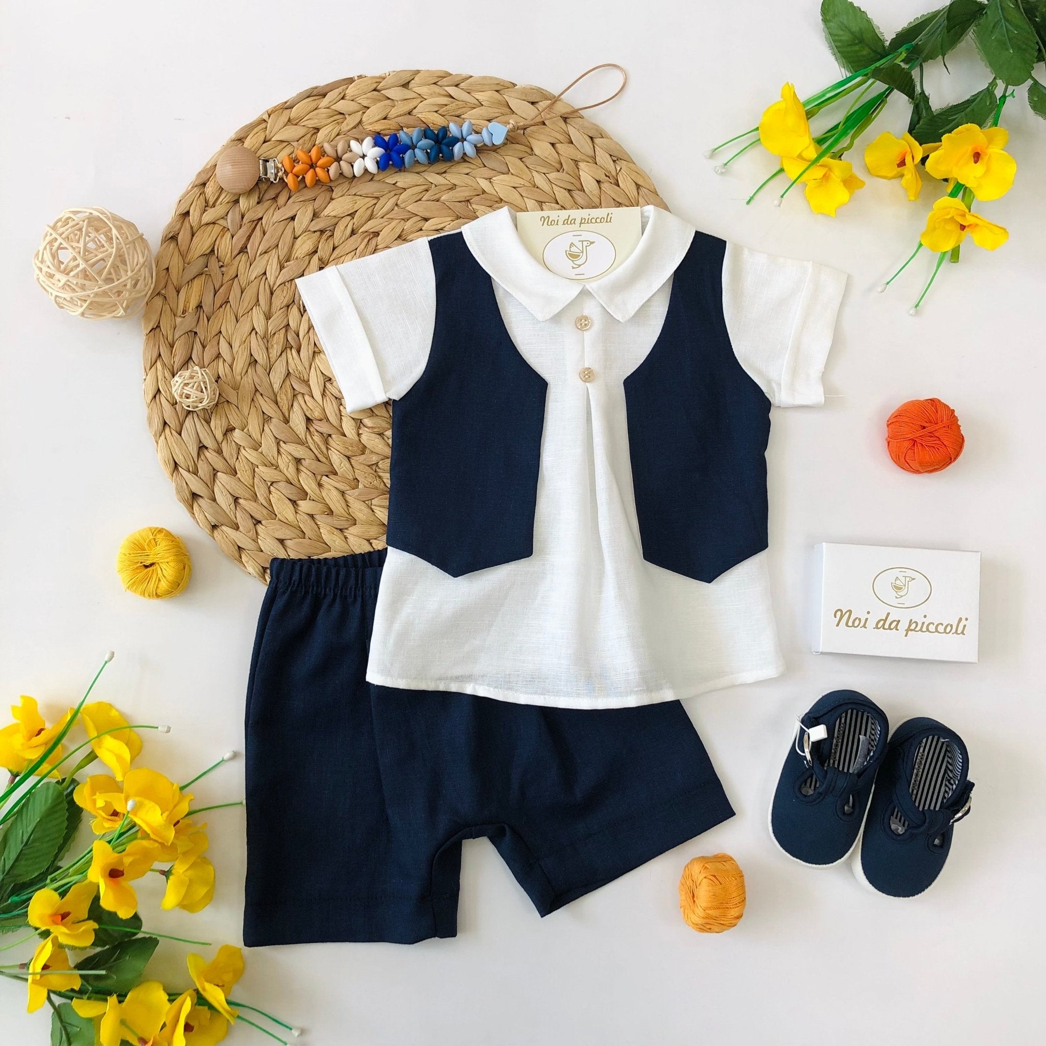 MAGLIA CON SHORT IN COTONE E COTONE BLU E BIANCO - Noi da piccoli