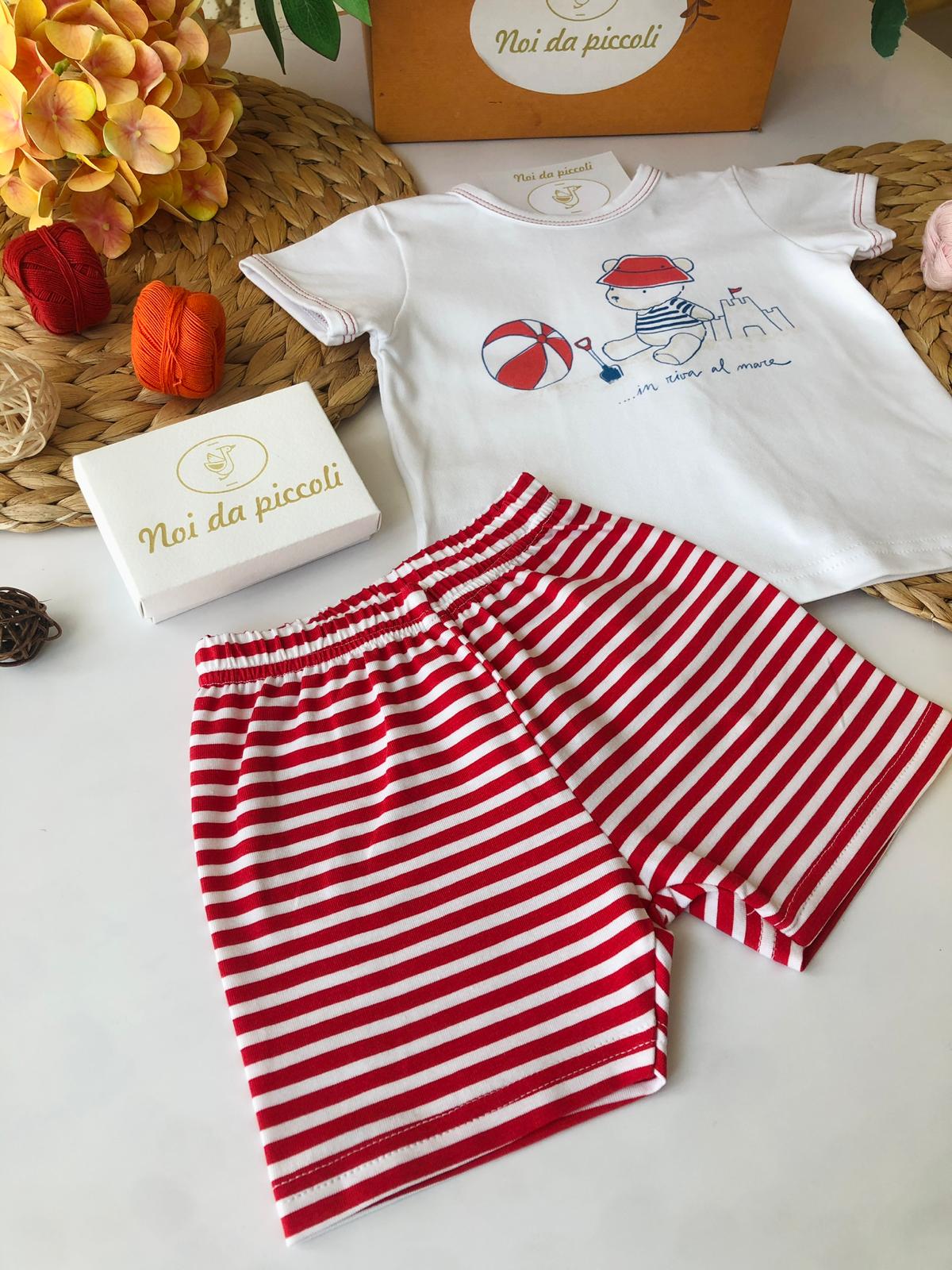 MAGLIETTINA + PANTALONCINO RIGHE ROSSE IN COTONE - Noi da piccoli